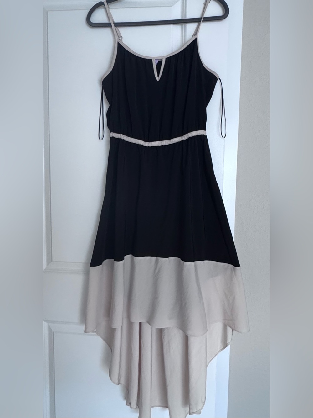 Willow and Clay Chic Black and Cream Colorblock high low Dress